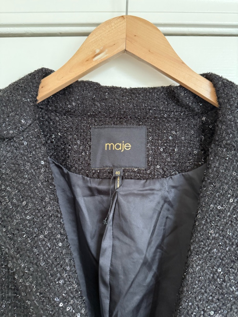 Maje Venatelli Blazer Black Sequined Tweed Double-Breasted Size Large (40) - Picture 6 of 8